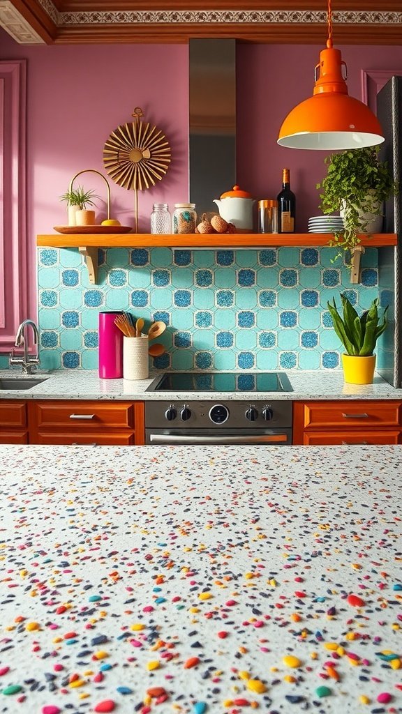 Colorful terrazzo kitchen countertop with a vibrant kitchen backdrop.