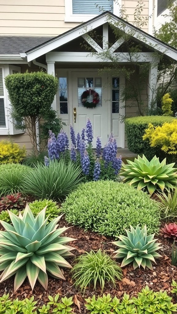 A beautifully landscaped front yard featuring various plants in different textures and colors.