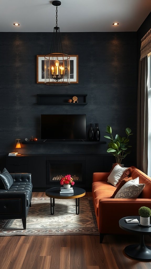 Stylish living room with textured black walls, featuring black and orange furniture