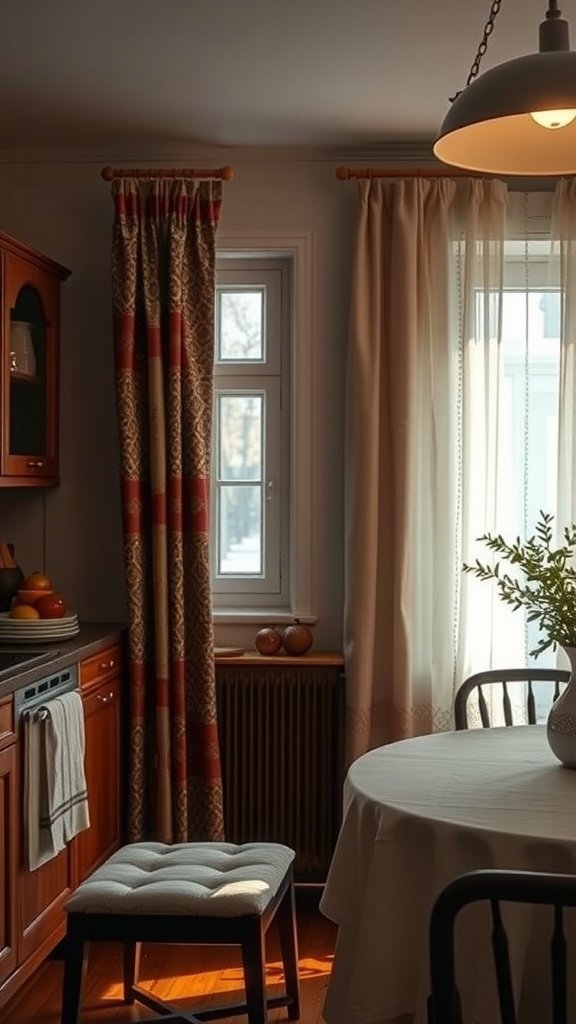 Cozy kitchen with textured fabrics and warm lighting.