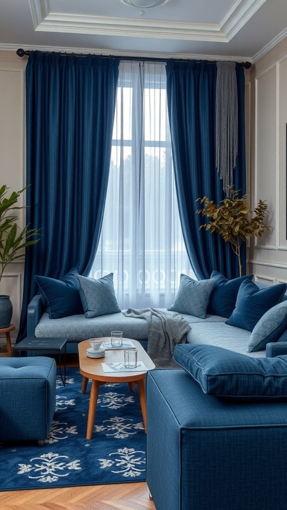 Stylish navy blue living room with textured fabrics and cozy decor.