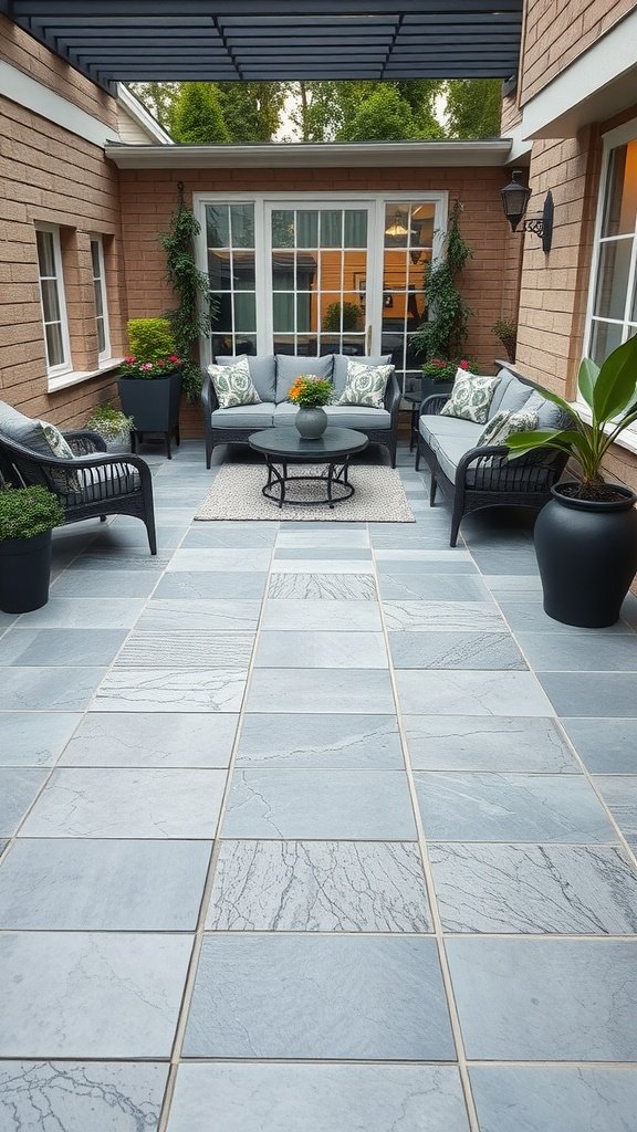 A cozy patio area with textured slate tiles and comfortable seating.
