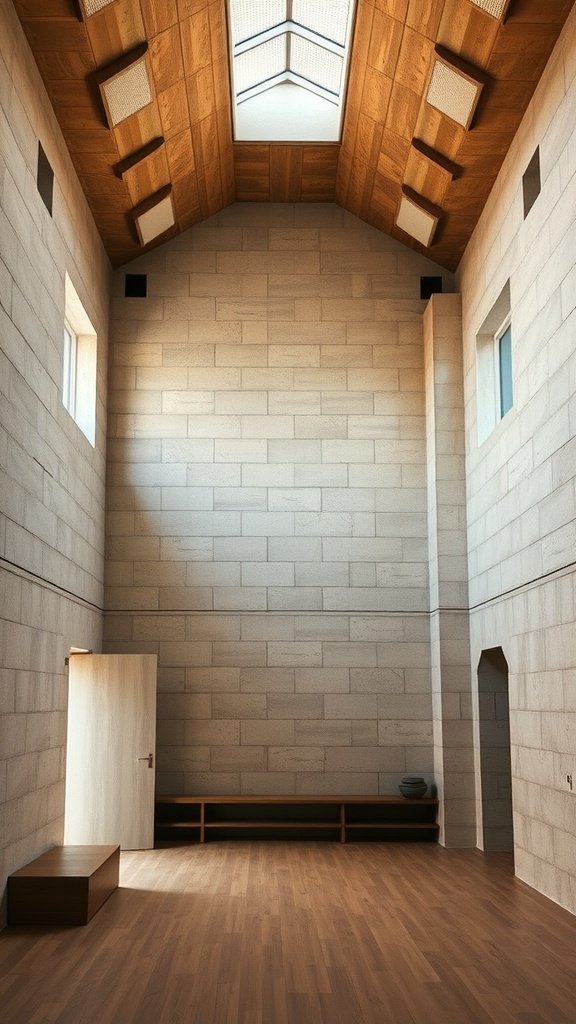 Interior view of a spacious room with high textured walls