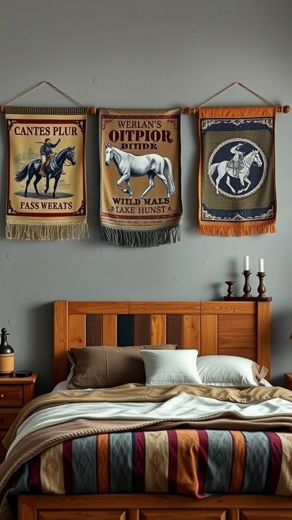 Textured wall hangings in a western-themed bedroom, featuring horse motifs.