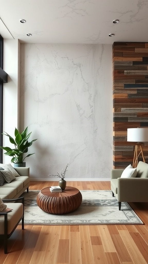 A modern living room with textured wall treatments featuring wood panels and a smooth surface.