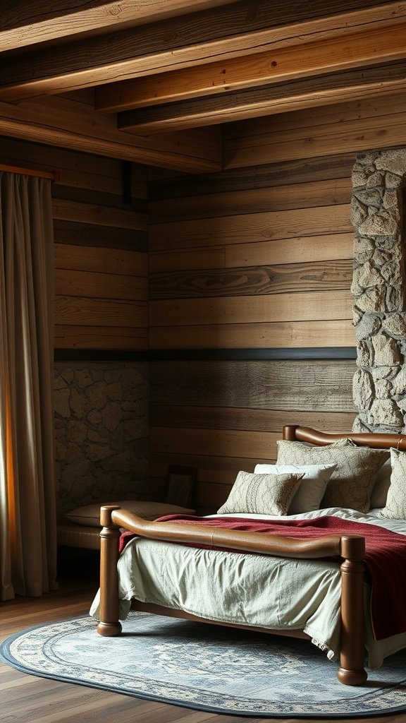 Rustic bedroom with textured wooden walls and a cozy bed setup.