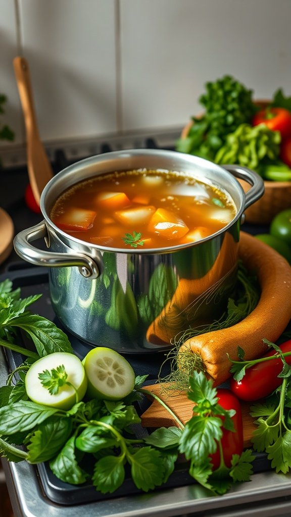 A pot of herbal broth surrounded by fresh vegetables and herbs.