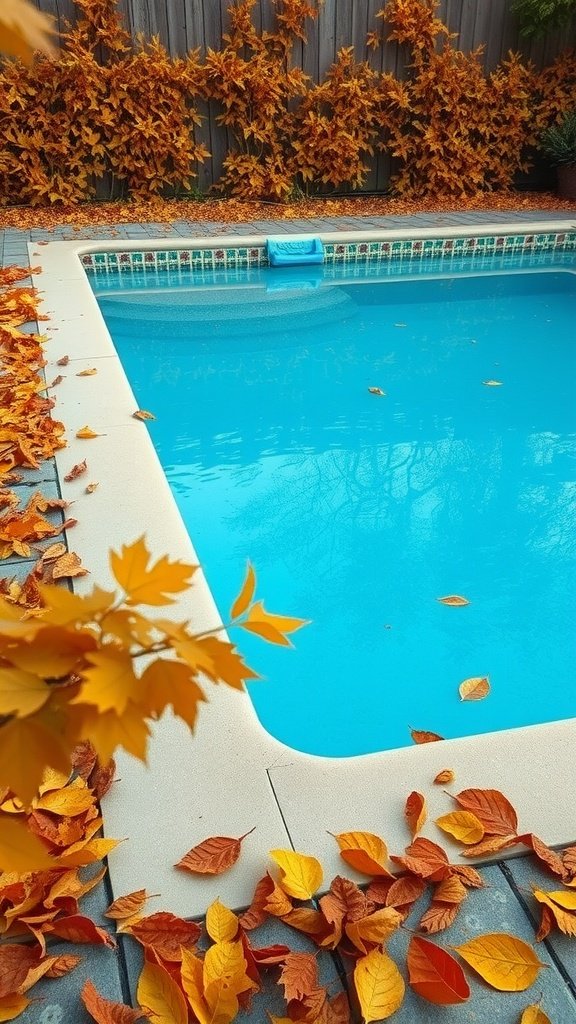 A backyard swimming pool surrounded by autumn leaves.