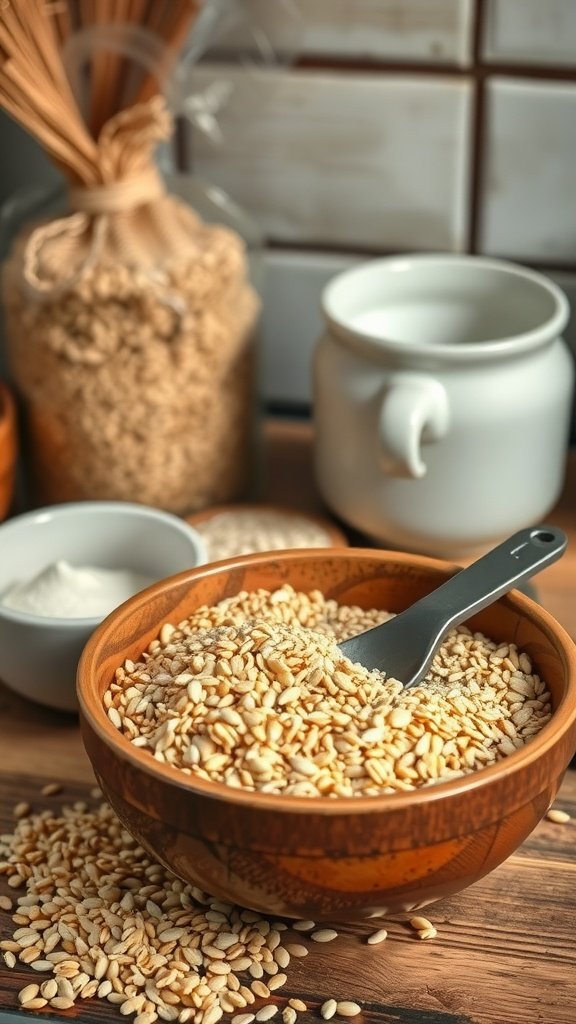 A wooden bowl filled with sesame seeds, surrounded by jars and bowls of ingredients in a cozy kitchen setting.