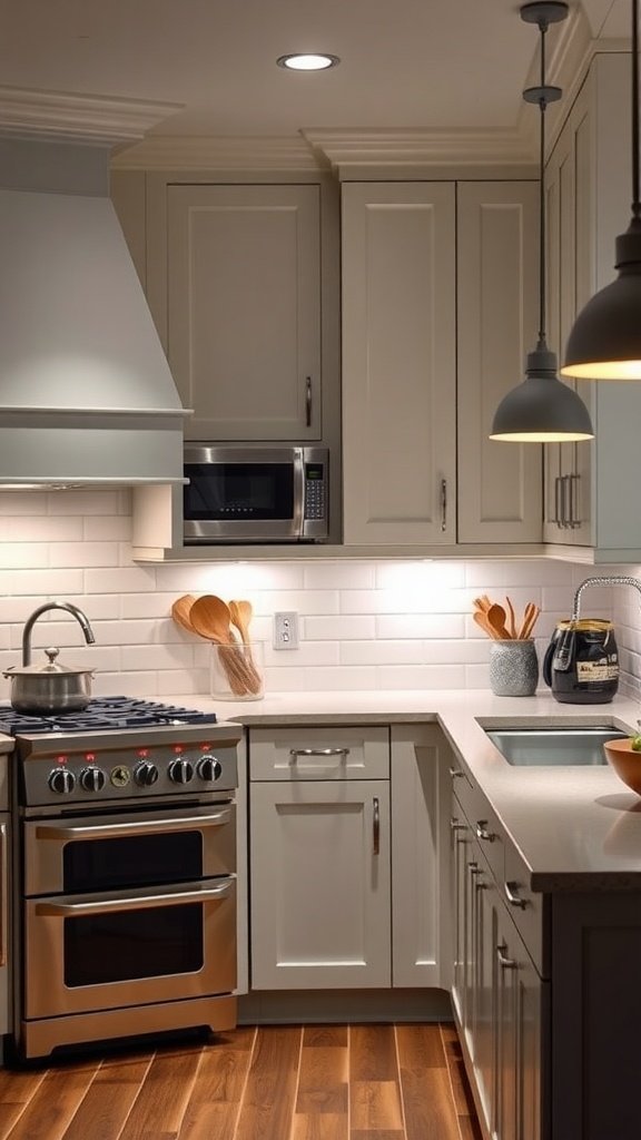 A modern kitchen with warm wooden cabinets and well-placed lighting.