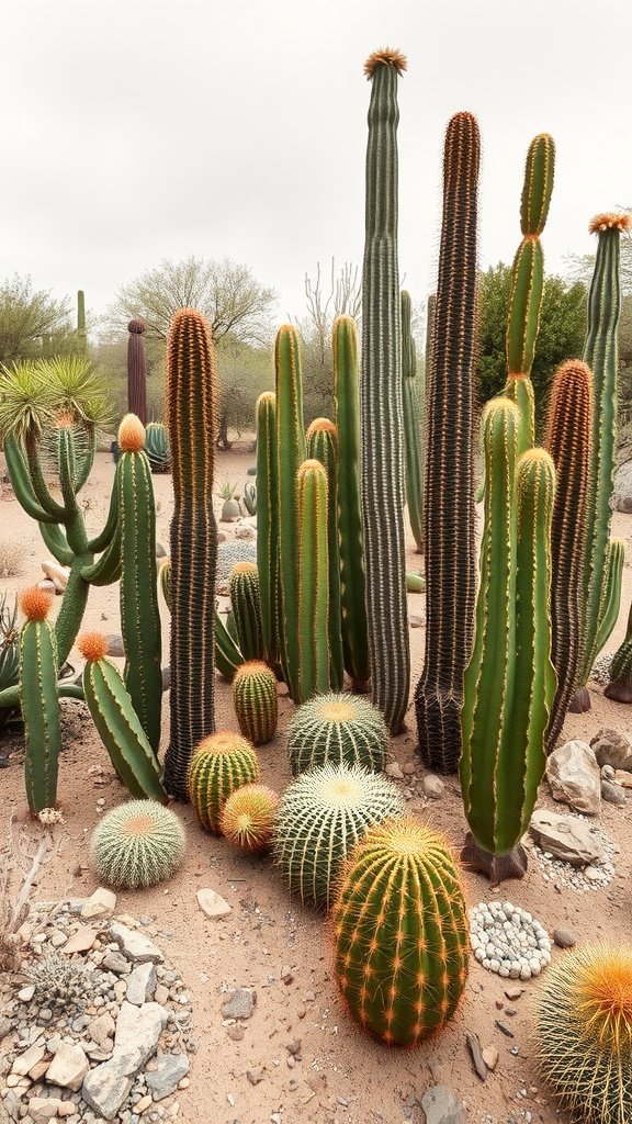 A vibrant display of various cacti in a dry garden setting.