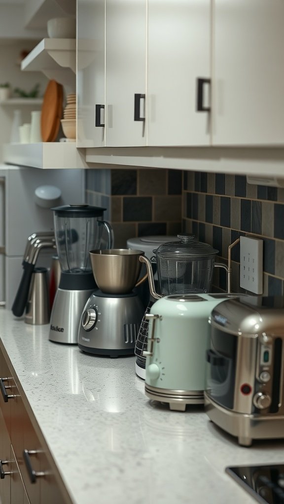 A variety of countertop appliances in a modern kitchen.
