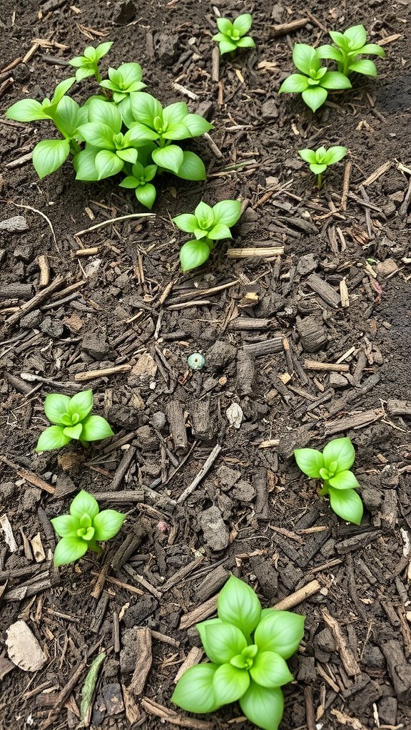 Fresh green plants emerging from mulch in a garden setting.