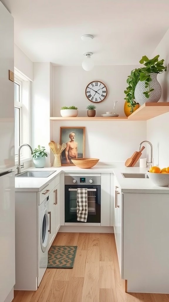 A small, stylish kitchen with modern decor and functional features.