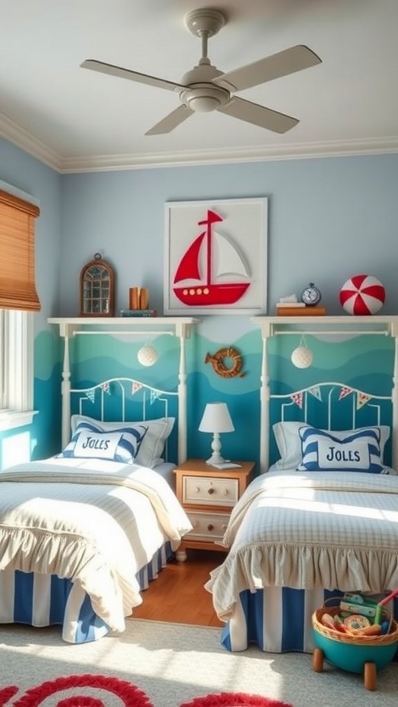 Nautical-themed bedroom with two beds, blue walls, and beach decor