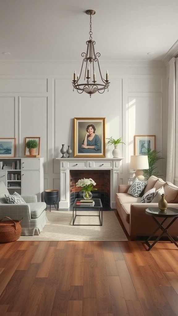 A stylish living room featuring a minimalist green sofa, elegant decor, and a warm atmosphere.