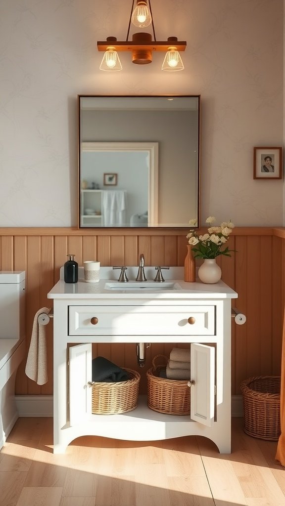 A small, stylish vanity in a half bathroom featuring open shelving and natural decor.