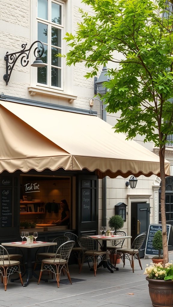 A beautiful outdoor patio with a traditional canvas awning, two tables set for dining, and a cozy atmosphere.