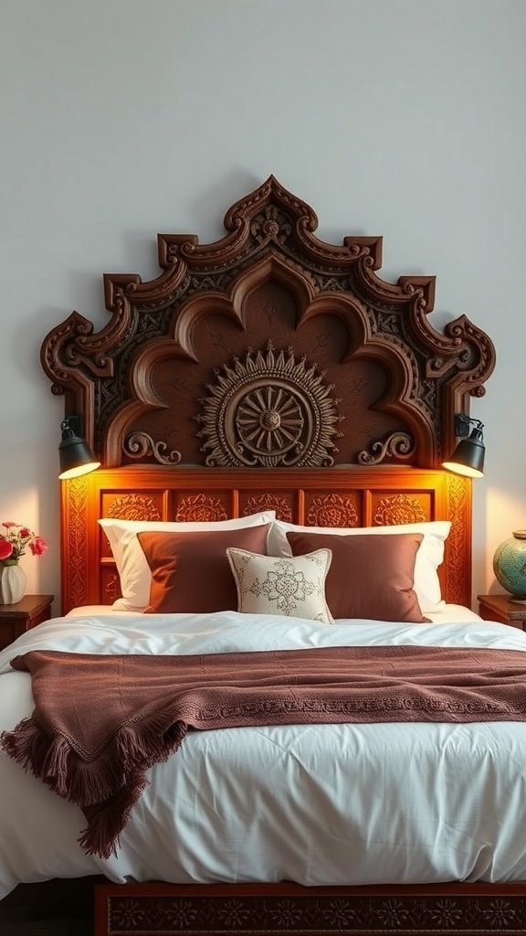 A traditional Indian headboard with intricate designs, complementing a stylish bedroom.