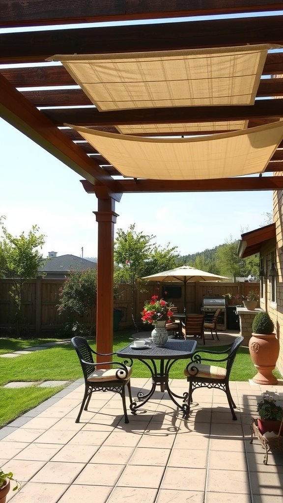 A traditional pergola with a canopy, providing shade over a patio area with chairs and a table.