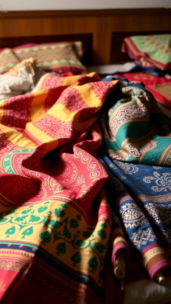 Colorful traditional Indian textiles draped on a bed.
