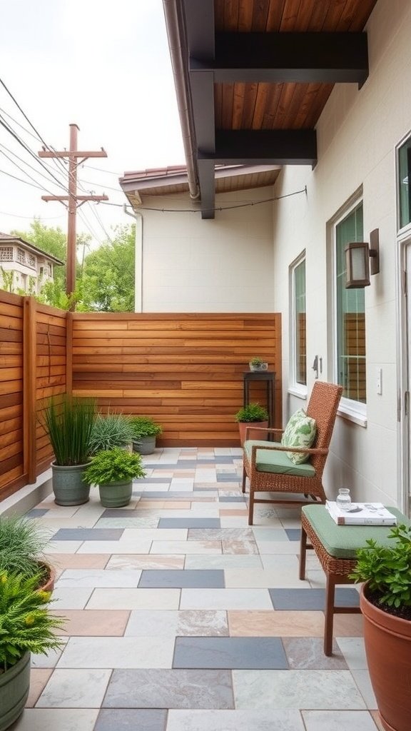 A stylishly designed patio with patterned tiles and potted plants.