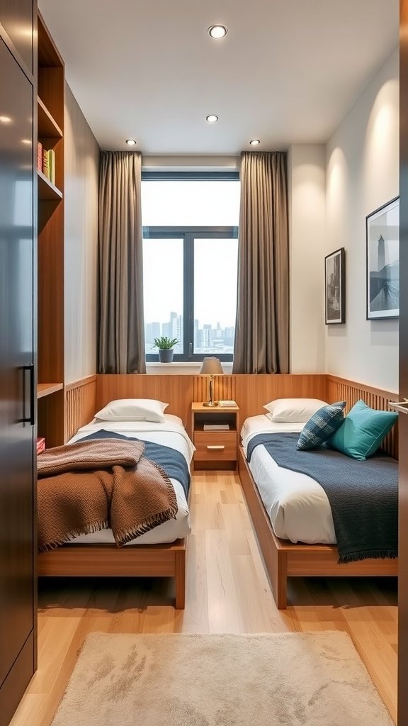 A small bedroom featuring two beds and wooden decor elements.