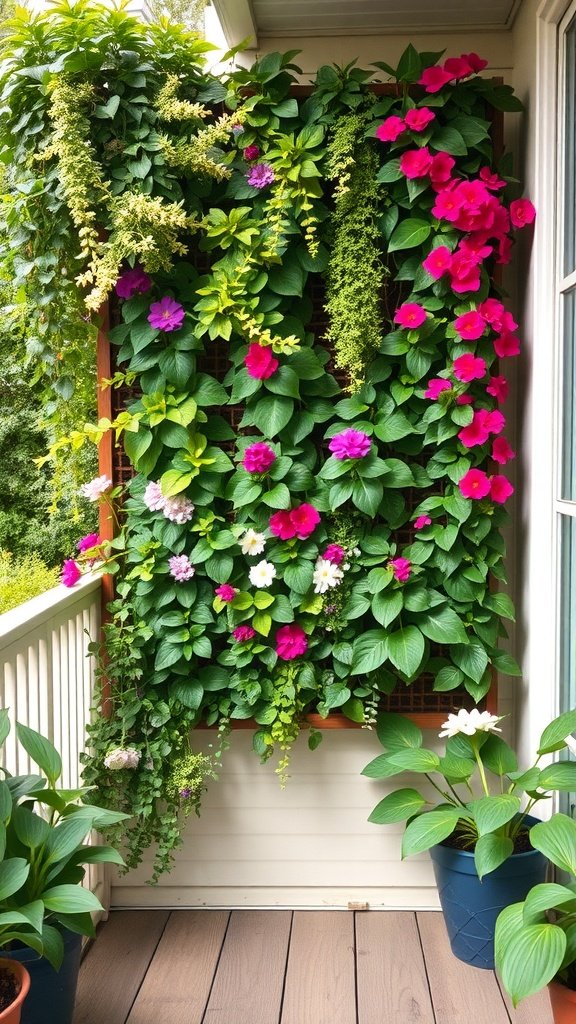 A beautiful vertical garden filled with colorful flowers and green plants on a balcony.