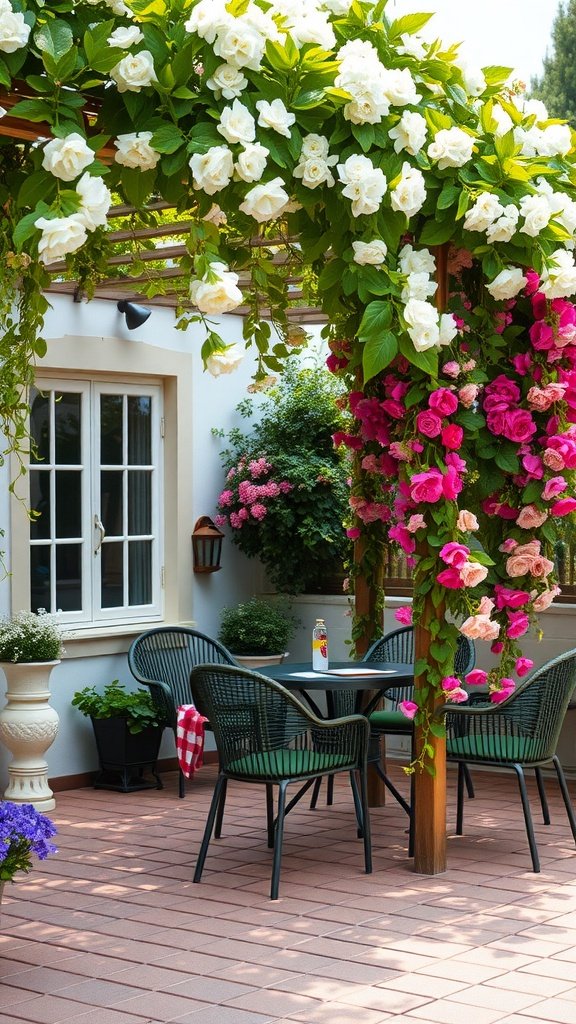 A beautiful patio featuring a trellis covered in climbing plants and flowers.