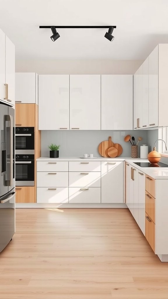 A modern kitchen featuring tan lower cabinets and white upper cabinets.