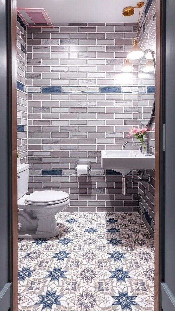 A stylish half bathroom featuring a mix of subway tiles on the wall and patterned tiles on the floor.