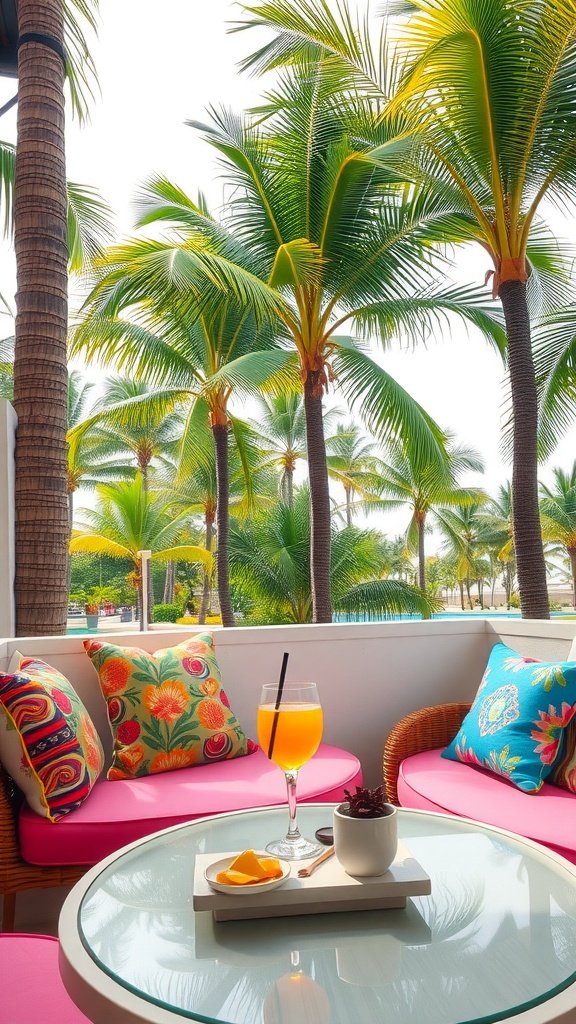A cozy outdoor sitting area with colorful cushions and a drink, surrounded by palm trees.