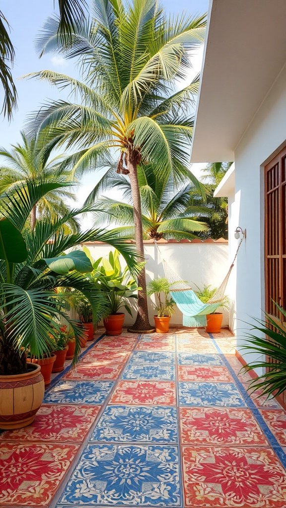 A tropical patio featuring colorful tiles and potted plants.