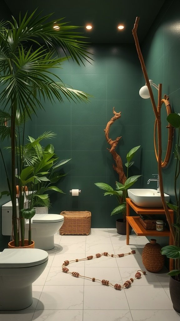 A beautifully designed dark green bathroom with plants and natural decor