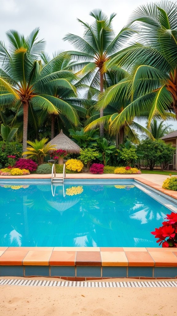 A beautifully landscaped tropical pool area with palm trees and colorful flowers.