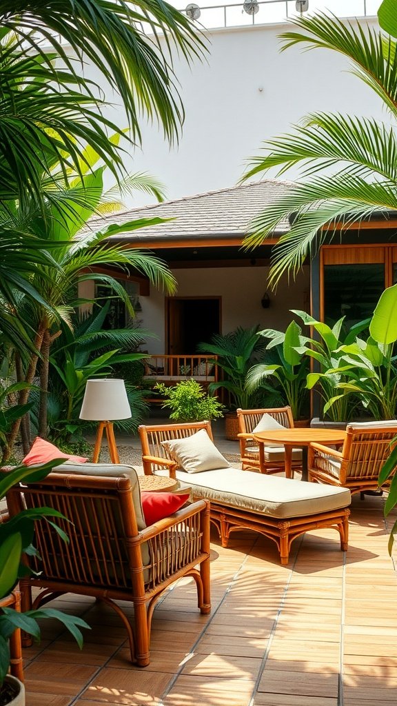 Cozy garden seating area with tropical plants and lounge chairs.