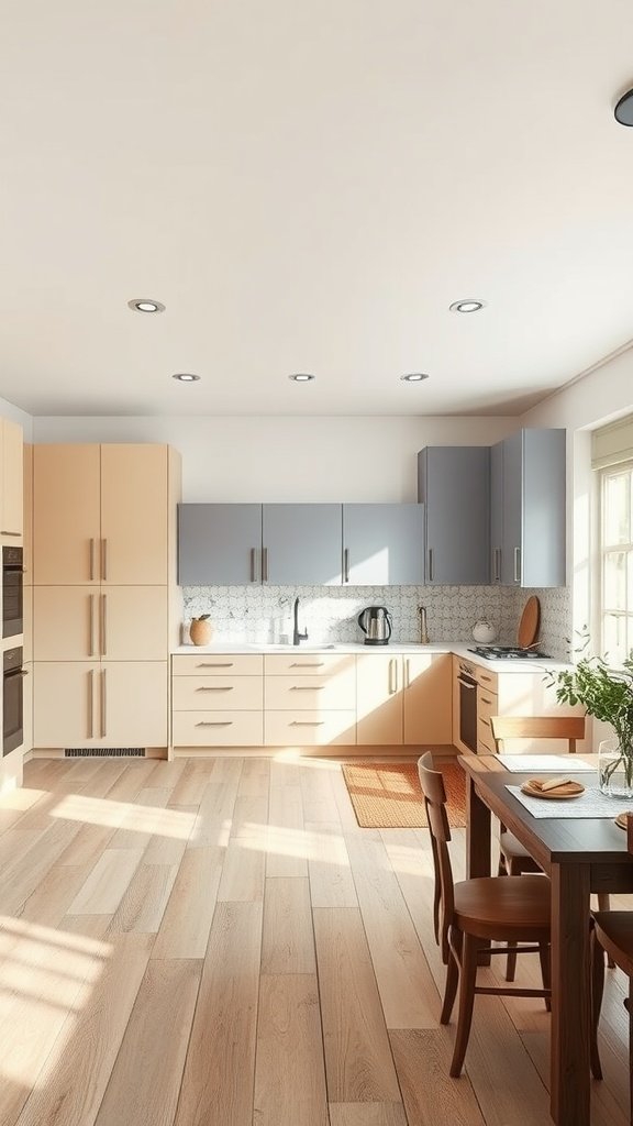 A bright kitchen featuring tan lower cabinets and white upper cabinets.