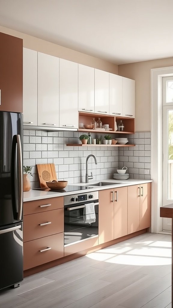 Modern kitchen with tan lower cabinets and white upper cabinets.