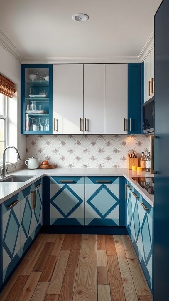 A stylish kitchen featuring two-tone cabinets: blue lower cabinets paired with white upper cabinets and diamond patterns on the doors.