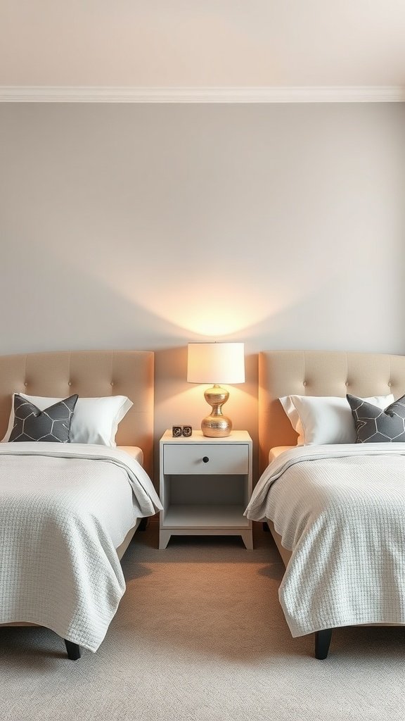 A stylish shared bedroom featuring two beds with neutral bedding and matching decor.