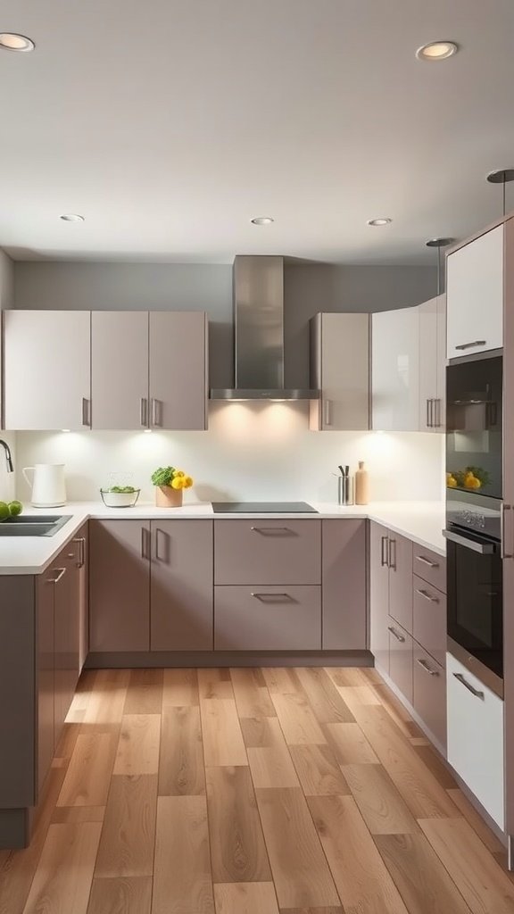 A modern kitchen featuring a two-tone cabinet design with tan lower cabinets and white upper cabinets.