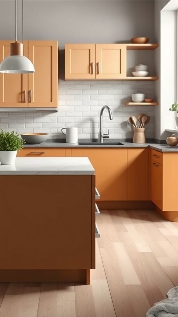 A modern kitchen featuring tan lower cabinets and white upper cabinets with a matching island.
