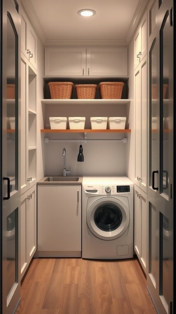 A well-organized U-shaped laundry room with a washer, dryer, and shelves.