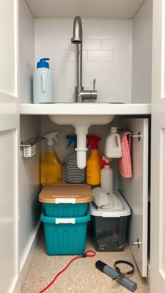Organized under-sink kitchen storage with cleaning supplies and bins.