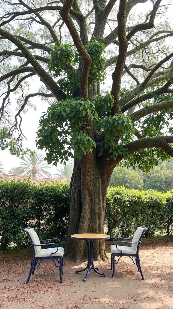 Charming seating area under a large tree with two chairs and a table.