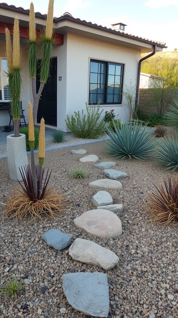 A dry garden featuring rocks and drought-resistant plants in a desert landscape.