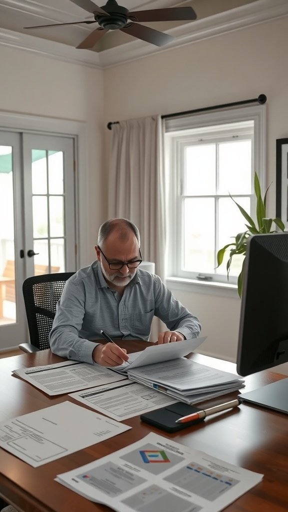 A person reviewing documents related to pool regulations and permits