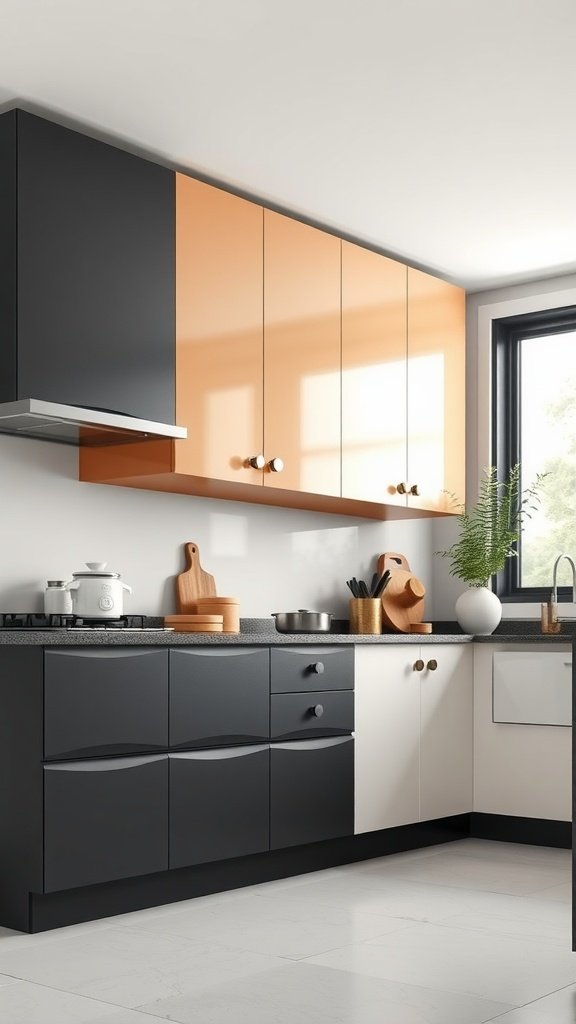 A modern kitchen featuring two-tone cabinets with tan lower and white upper cabinets.