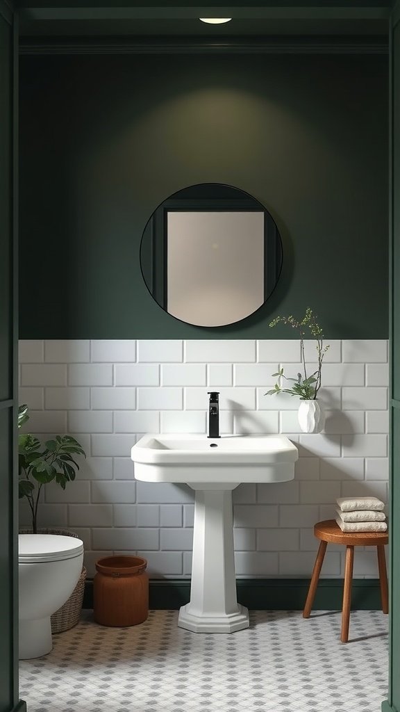 A small bathroom featuring dark green walls, a white pedestal sink, and decorative elements.