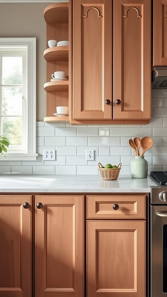 Stylish wooden kitchen cabinets with unique hardware and decorative elements.